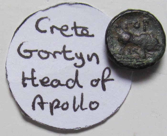 Kreta, Gortyn. AE12 circa 250-220 B.C. - tiny 12mm coin - very rare - ΓOPTYNI, bull butting right reverse