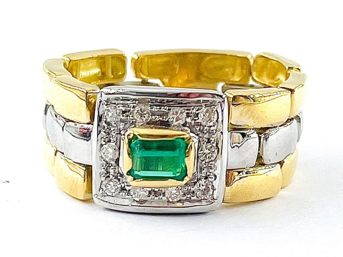 Anello - 18 carati Oro bianco, Oro giallo Smeraldo - Diamante