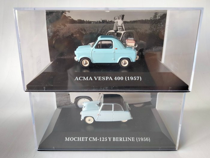 Microcar Collection/IXO 1:43 - Miniatura de carro urbano pequeno - Mochet CM-125 Y Berline (1956) + ACMA Vespa 400 (1957)