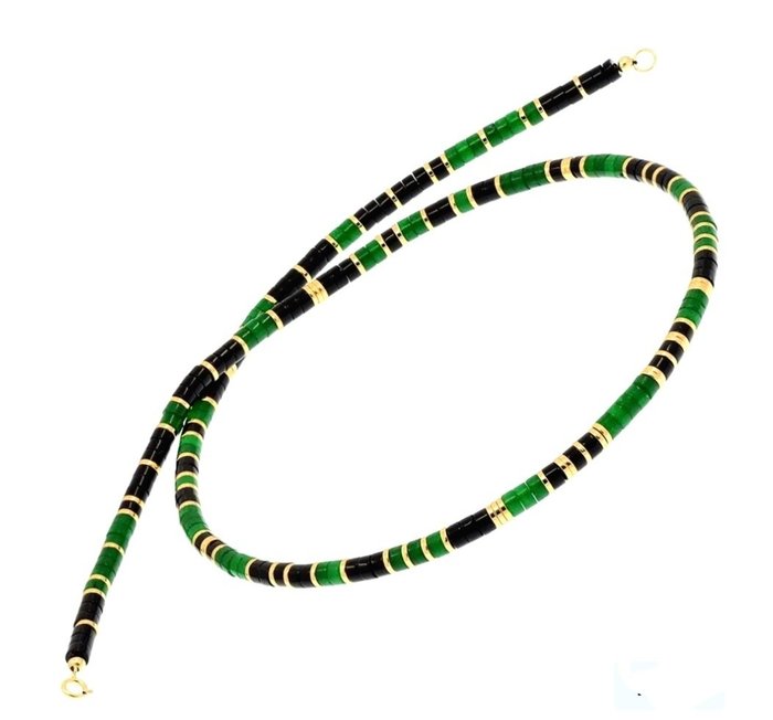 Zonder Minimumprijs - Halsketting - 18 karaat Geel goud Smaragd - Onyx 