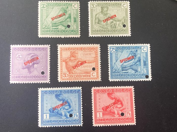 Kongo Belgijskie 1925 - Rdzenne rzemiosło i przemysł wpisują „Vloors” z czerwonym nadrukiem WZÓR i perforacją - OBP/COB 118/31 SPECIMEN -Volledige reeks van 7 zegels