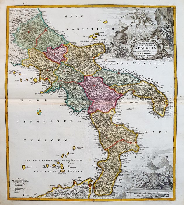 歐洲, 地圖 - 義大利/卡拉布里亞/普利亞/坎帕尼亞; Johann Baptist Homann - Novissima & Exactissima Totius Regni Neapolis, Tabula Presentis Belli Statui Accommodata et Exhibita - 1701-1720