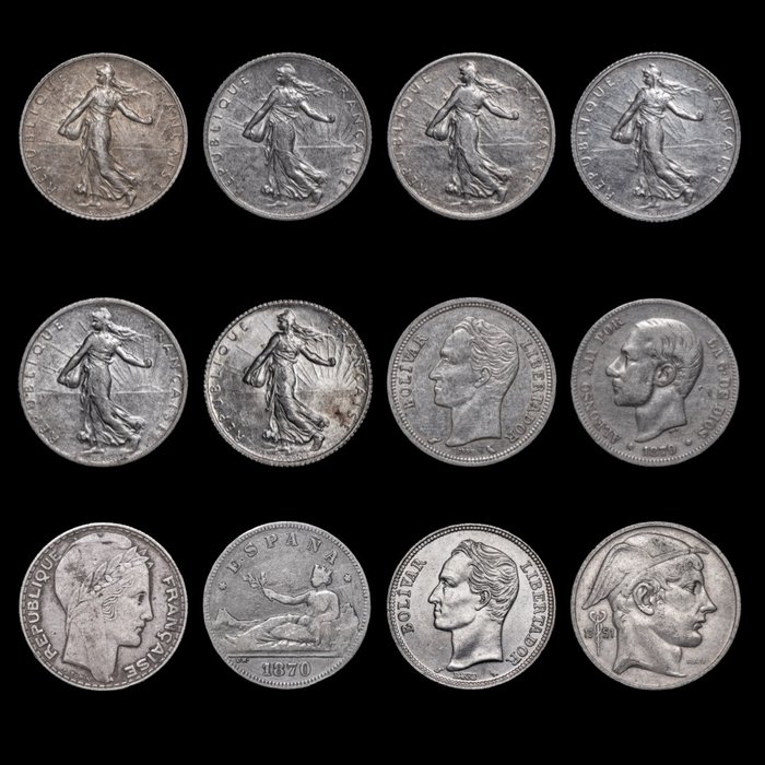 Lumea. Lote de 12 monedas plata 1870/1960  (Fără preț de rezervă)