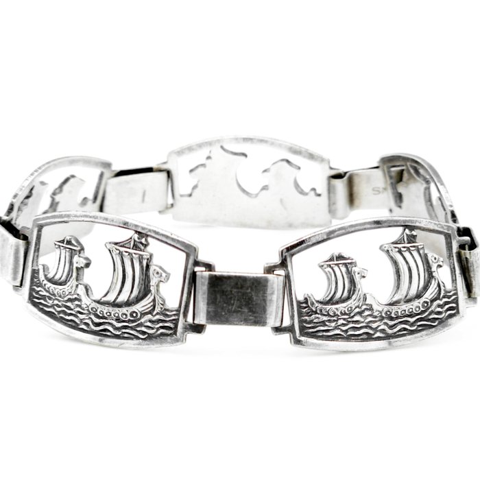 Ohne Mindestpreis - Vintage Viking Ships Design Panel LInk Bracelet - Armband Silber 