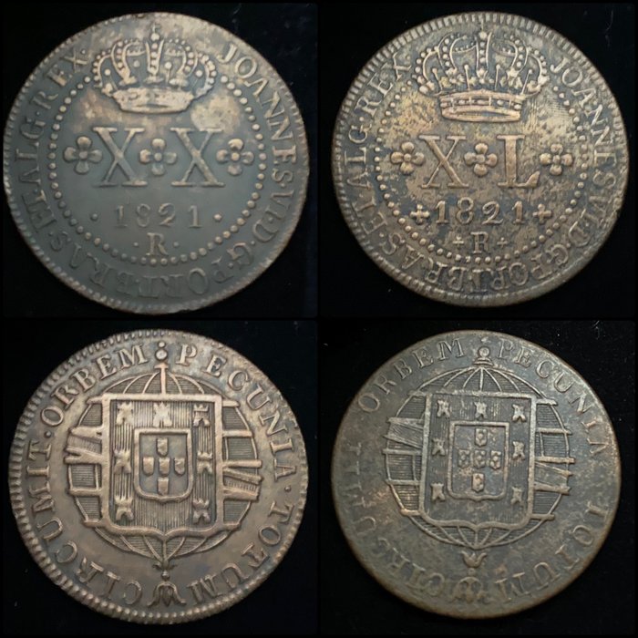 巴西（殖民地）, 葡萄牙. D.约翰六世 （1816-1826）. XX Reis + XL Reis 1821 R (2 Moedas)  (没有保留价)