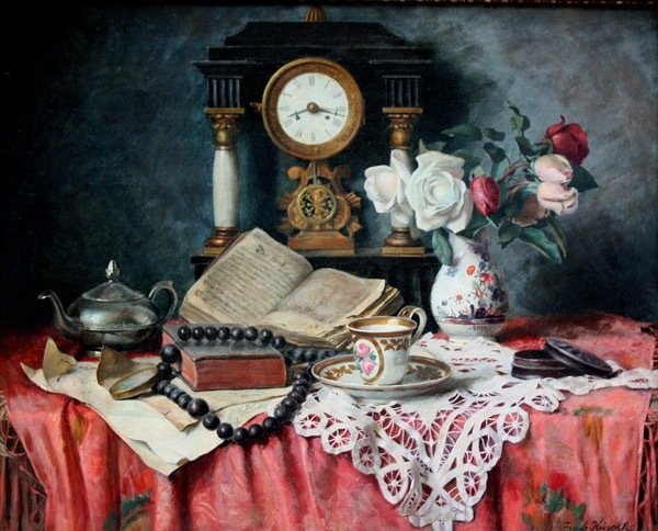 Franz Krischke (1885-1960) - Still life with mantel clock and antiques