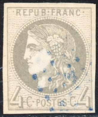 Frankrike 1870 - Bordeaux - 4c grå - Rapport 2 - Fin margin - Lyseblå kansellering - Vurdering: +€350 - Yvert 41B