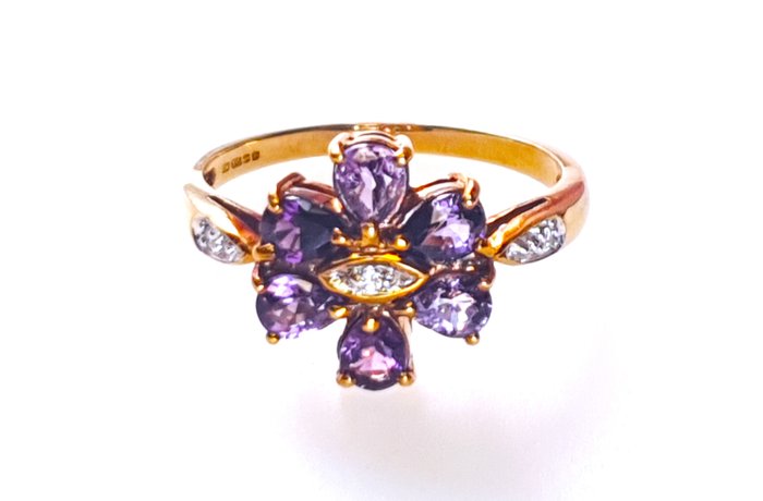 Zonder Minimumprijs - Ring Vintage ring goud 9kt amethist/diamant Amethist - Diamant 