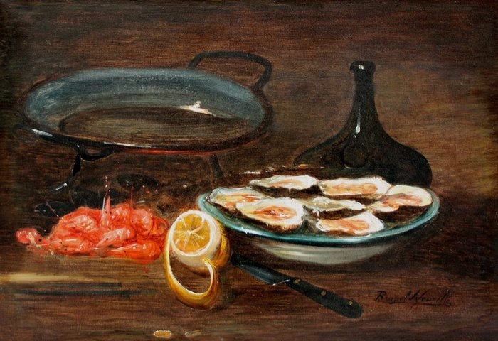 Alfred Arthur Brunel de Neuville (1852-1941) - Still life with oystern, crevettes, citron und wine