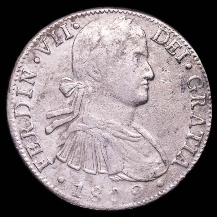 Espanha. Fernando VII (1813-1833). 8 Reales 1809  Ensayador T.H  Mexico. Busto imaginario.