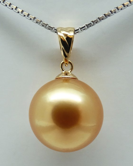 沒有保留價 - Golden South Sea Pearl, 24K Golden Saturation, Round, 12.72 mm - 墜飾 18節。黃金 