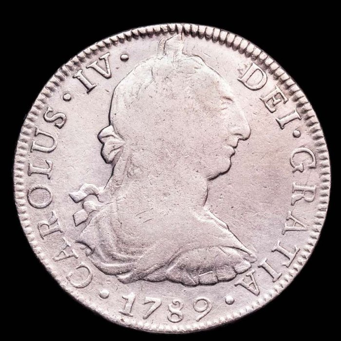 Espanha. Carlos IV (1788-1808). 8 Reales Acuñados en México, 1789. Ensayador F.M. Busto de Carlos III. Muy escasa!