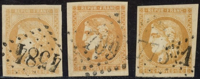 France 1871 - Bordeaux - 10c - Report 2 - 3 well-margined shades & VG - Rating: +€330 - Yvert 43B