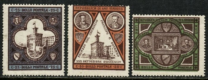 San Marino 1894 - Hallituksen palatsi, täydellinen sarja 3 arvoa. Integroi - Sassone N. 23/25