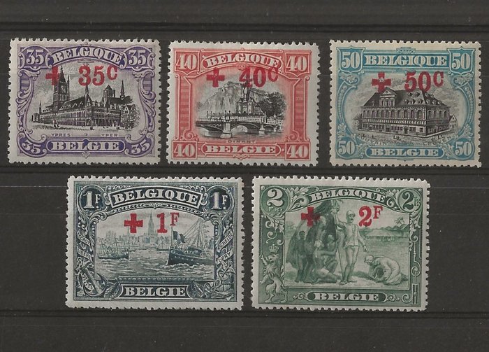比利時 1918 - 5 張紅十字系列郵票，35c 至 2F - 含百分 - OBP/COB 157/161