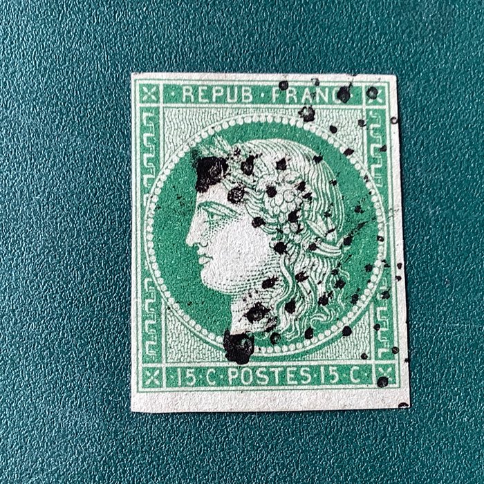 Frankreich 1850 - 15 Cent Ceres – voller Rand mit Blattkante unten - Yvert 2
