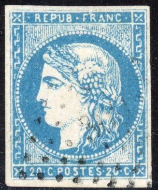 法國 1870 - 波爾多 - 20c 藍色 - I 型報告 I - VG 邊距 - 評級：850 歐元 - Yvert 44A