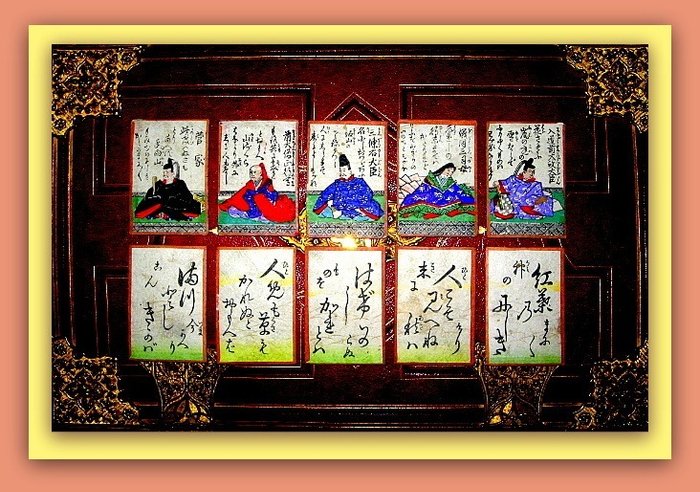 Hyakunin Isshu - Hundert Menschen - ein Gedicht - 10 handsignierte und handkolorierte japanische Spielkarten, Original Japanisches Kartenspiel - 1700
