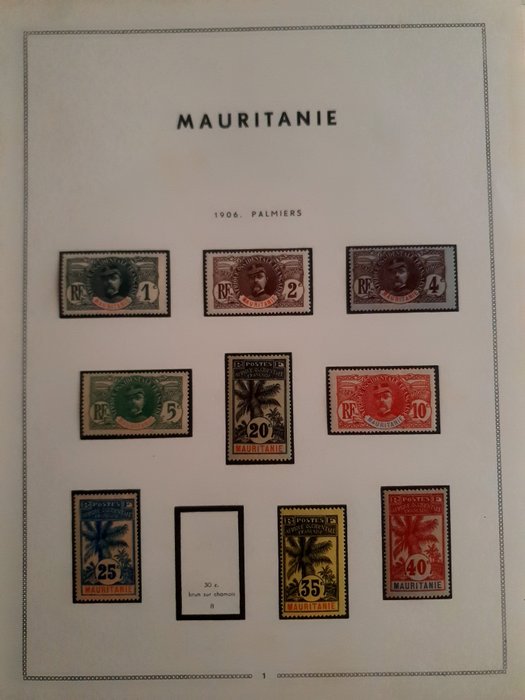 法国殖民地 1908 - 非常漂亮的新套装，来自独立前的毛里塔尼亚，“Palmiers”系列，Poste，PA，街区