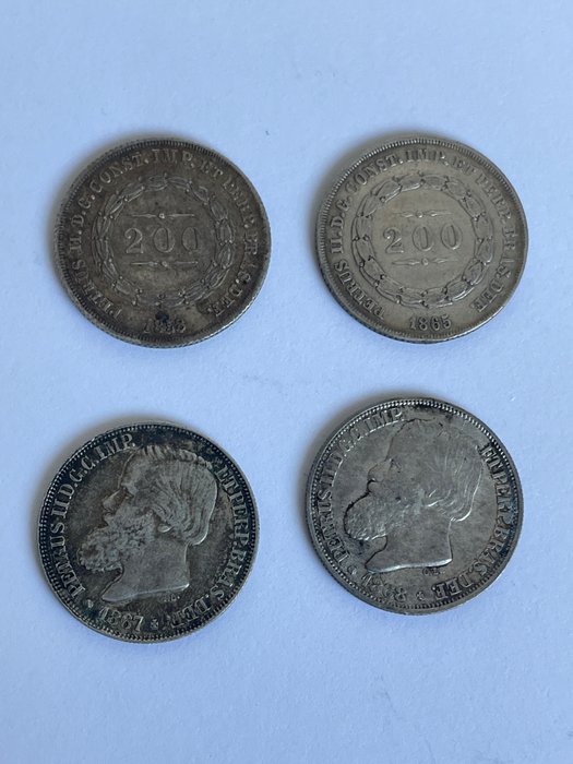 Brasilia. Pedro II (1831-1889). 200 Reis 1858/1868 (4 monedas)  (Ei pohjahintaa)