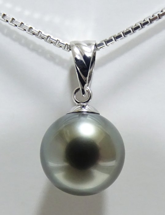 Sans Prix de Réserve - Tahitian Pearl, Rikitea Pearl, Silvery Blue-Green, Round, 10.08 mm - Pendentif - 18 carats Or blanc 