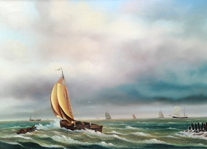G.J.A.Van Reede ( 1929 - 1998 ) - Boot  in Woeste zee ca 1900 in Hollandse wateren