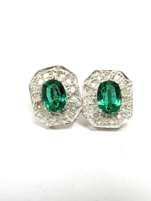 No Reserve Price - NO RESERVE PRICE - Earrings - 9 kt. Silver, Yellow gold Emerald - Diamond 