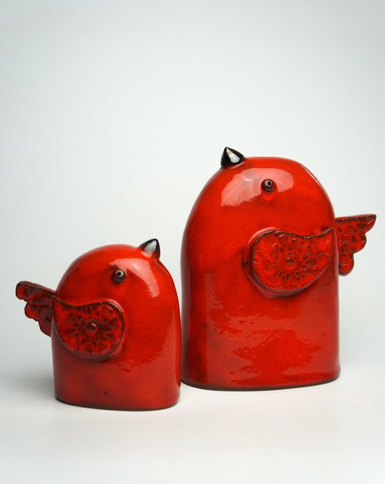 Urszula Despet - 雕刻, Red Birds - 17.5 cm - 陶瓷