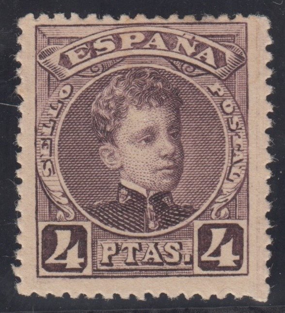 Espanha 1901/1905 - Afonso XIII. Tipo Cadete. 4 pesetas, violeta negra. - Edifil 254
