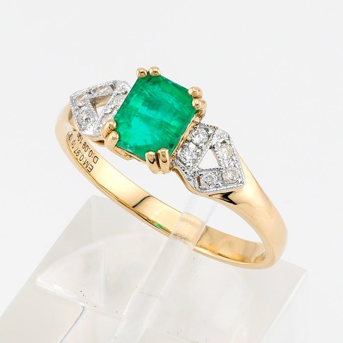 Ohne Mindestpreis - (IGI Certified) - Emerald (0.97) Cts Diamond (0.09) Cts (10) Pcs - Ring - 14 kt Gelbgold, Weißgold 
