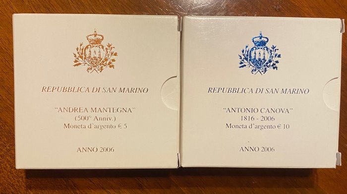 Italy. 5 Euro / 10 Euro 2006 "Andrea Mantegna" + "Antonio Canova" (2 monete) Proof  (No Reserve Price)