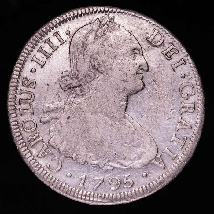 Spanien. Carlos IV (1788-1808). 8 Reales Acuñados en 1795, en la ceca americana de Potosi (PTS), por el ensayador P.P.  (Ingen mindstepris)