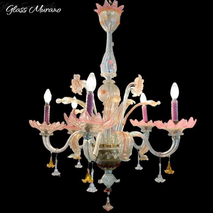 Antigua Gran Lámpara de Araña - Taklampa - Cristales Tallados Artesanalmente - 05 Brazos