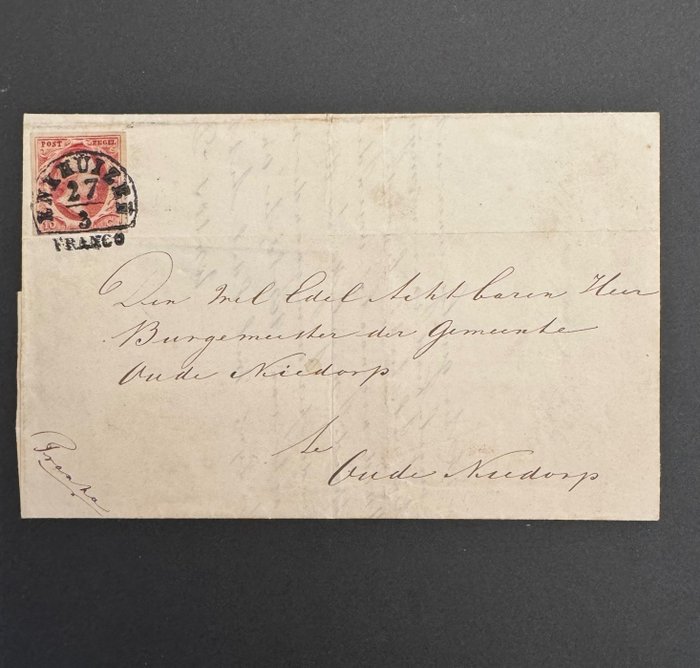 荷蘭 1852 - 威廉三世國王在折疊信上寫著恩克赫伊曾的完整半球 - NVPH 2a