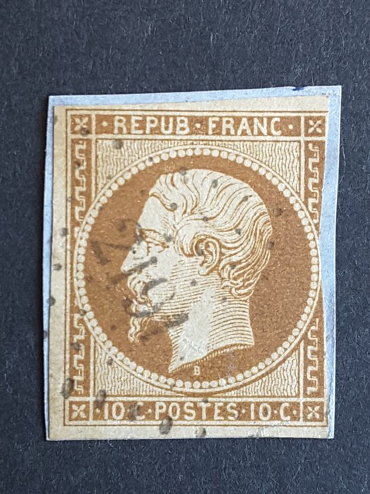 Γαλλία 1852 - Πρίγκιπας-Πρόεδρος Λουδοβίκος-Ναπολέων, 10 αι. bistre-κίτρινο με ελάττωμα - Yvert 9