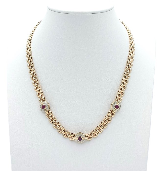 Necklace - 14 kt. Yellow gold -  1.35 tw. Ruby - Diamond 