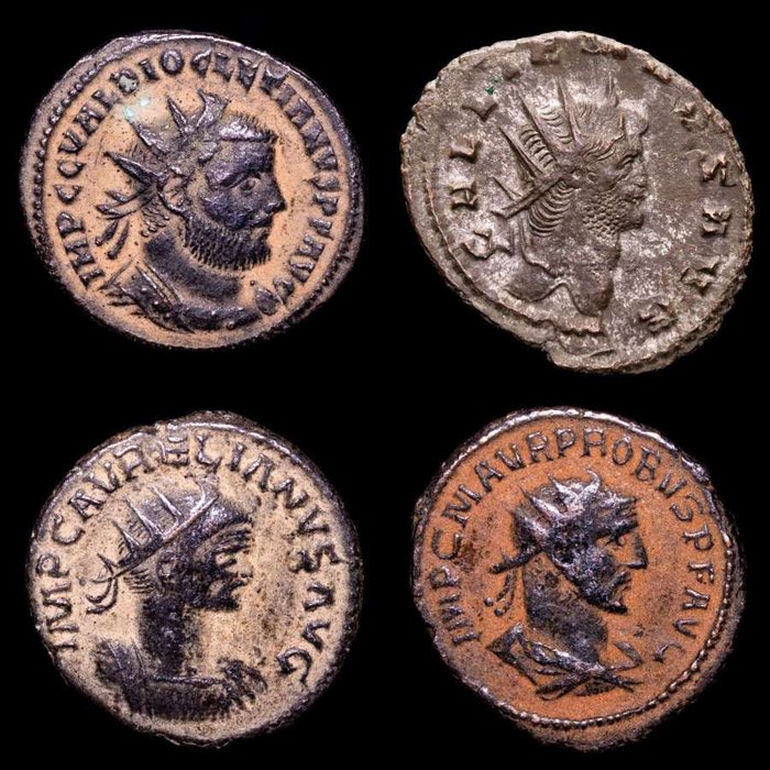 Rooman imperiumi. Aurelian, Probus, Galienus, Diocletian.. Lot comprising four (4) antoninianus III-IV c. A.D.  (Ei pohjahintaa)