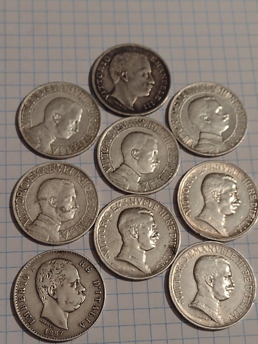意大利， 意大利王国. 1 Lira 1887/1917 (9 monete)  (没有保留价)