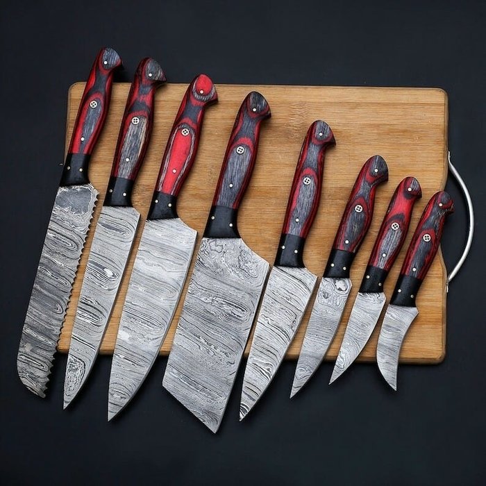Küchenmesser - komplettes Küchenchefset aus Stahl, Pkka-Holz, - Asien