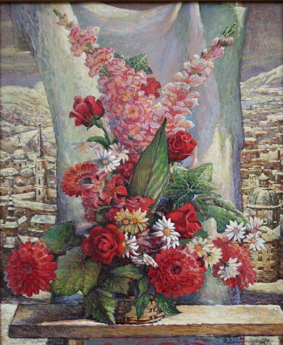 Valery Avtomeenko (born 1955) - Still life with flowers with a city on the background