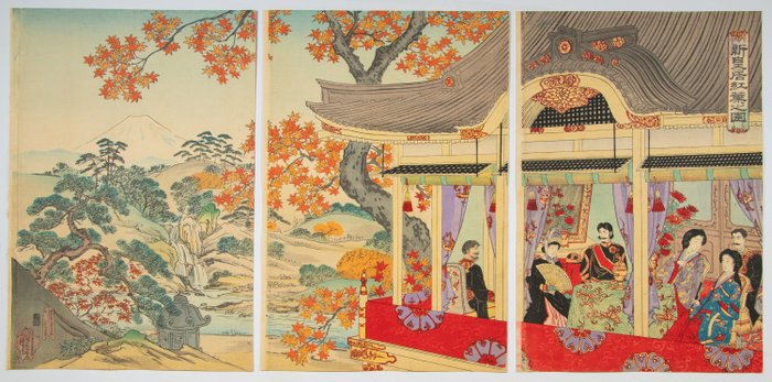 'The Autumn Foliage Viewing from New Palace' 新皇居紅葉之図 - No signature - Japan -  Meiji Periode (1868-1912)