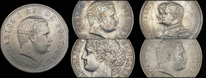 Frankreich, Portugal. D. Carlos I (1889-1908). 200 + 500 Reis + 1 Franc +1 Rupia 1888/1903 (5 Moedas)  (Ohne Mindestpreis)