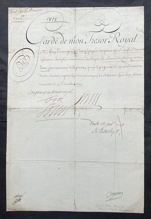 Louis XIV - Rare document signé avec signature et mot autographes [Versailles / Trésor Royal] - 1710
