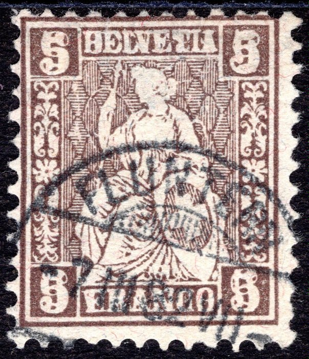 Schweiz 1881 - „Allegorie der sitzenden Helvetia“ – 5c. braun gebraucht, mit Doppelabdruck der Ziffern davon a - Unificato n° 50a