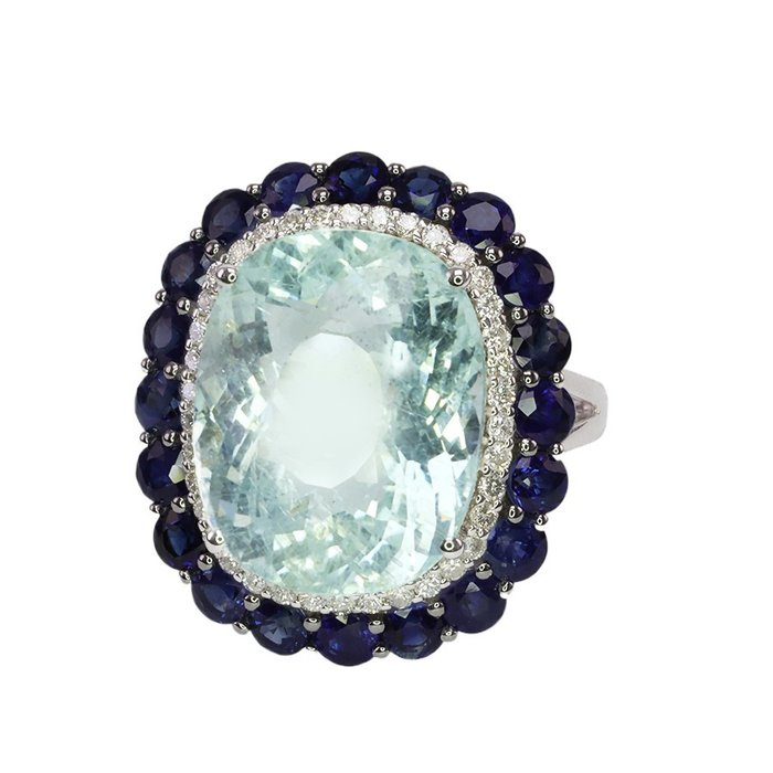 Ingen mindstepris - Ring - 14 karat Hvidguld, IGI-certificeret 8,89 karat akvamarin 2,75 karat blå safir & 0,42 karat diamant Akvamarin - Diamant 