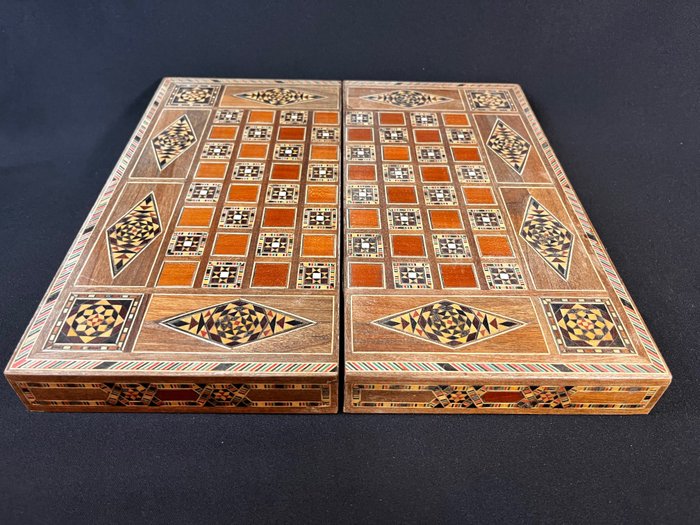 Skaksæt - Prachtig schaakkist backgammon ingelegd hout - Træ