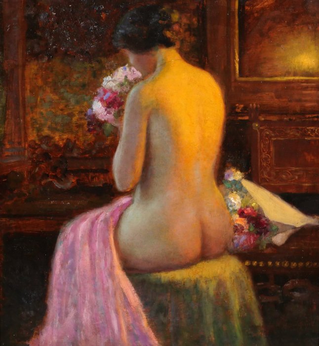 Jean Beauduin (1851-1916) - Nude woman breathing flowers, interior