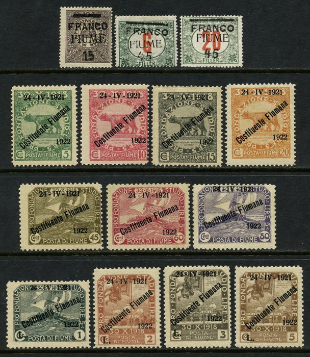 Fiume 1919/1922 - Supraimprimat + constituent Fiumana, 3 serii complete, 14 valori - Sassone 29/31+179/189