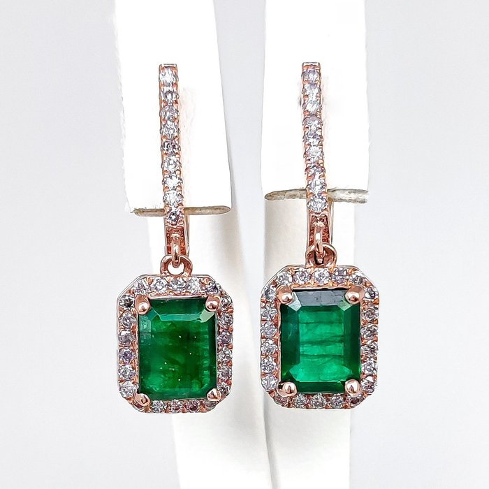 No Reserve Price - Earrings Rose gold -  3.52 tw. Emerald - Diamond 