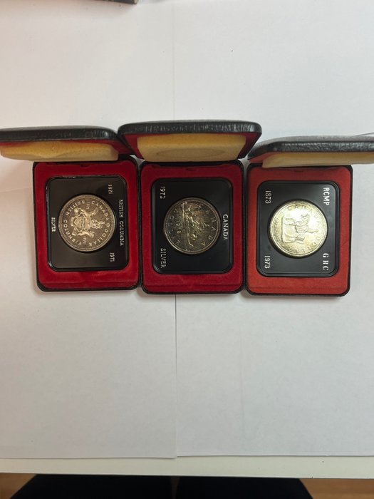 Kanada. A Lot of 3x Cased Proof Silver Dollars 1971-1973  (Utan reservationspris)